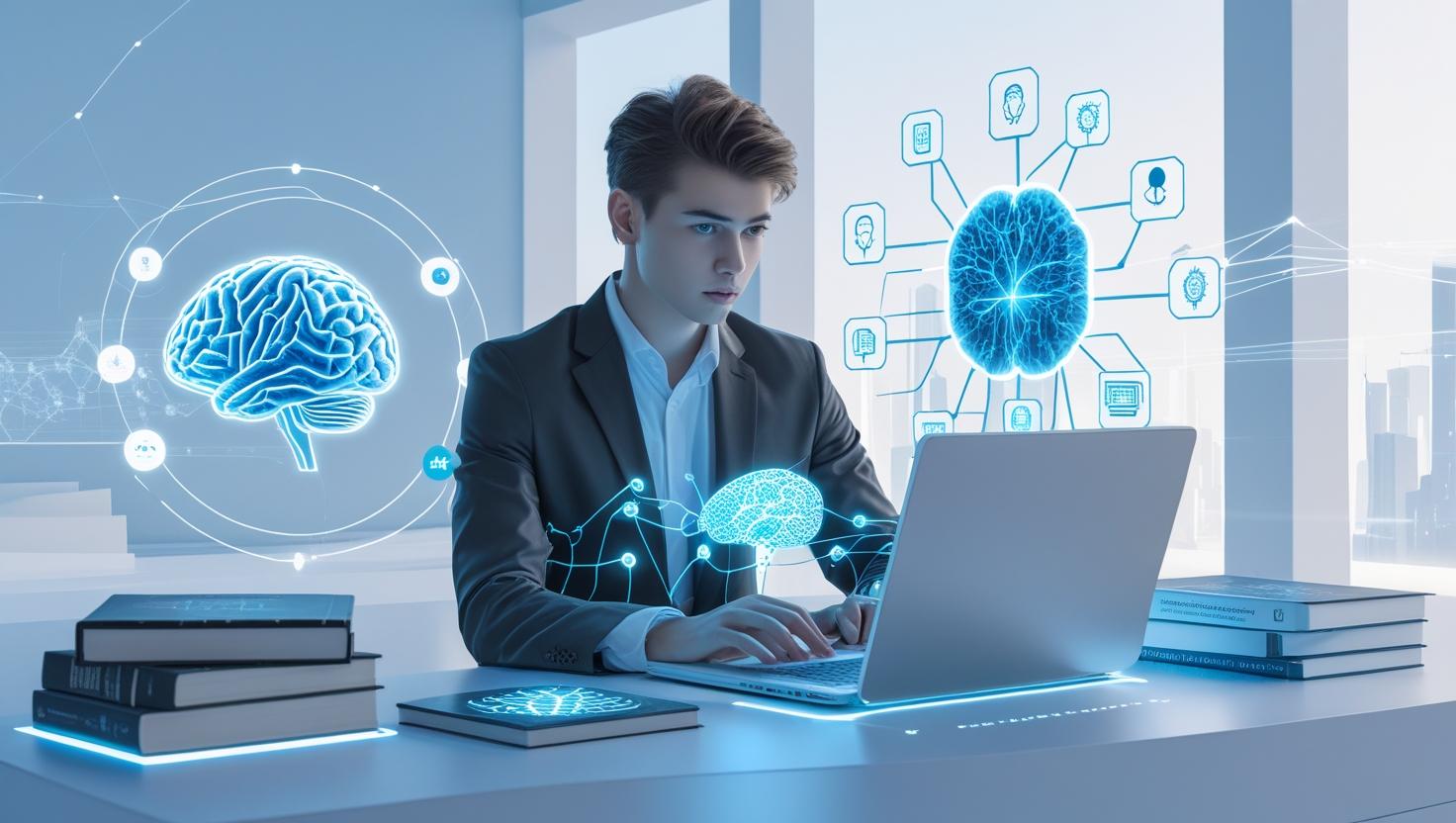 _A young professional sitting at a desk learning Artificial Intelligence on a laptop, surrounded by digital elements like neural networks, brain circuits, AI icons, and data holograms_654.jpg